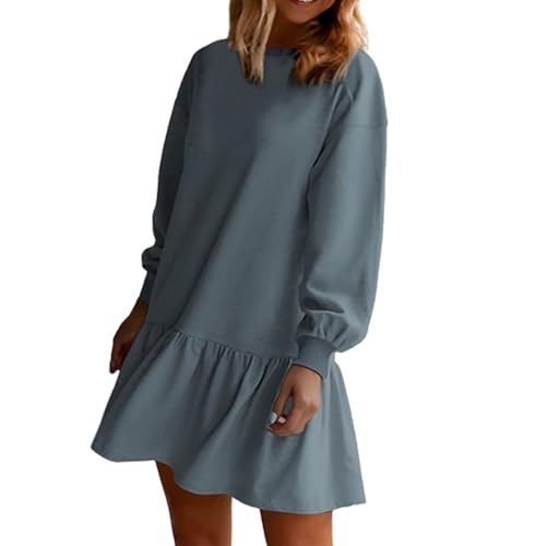EEJBYTDI Vestidos de otoño para Mujer 2024, Vestido de Sudadera de Retazos de Punto Acanalado con Cuello Redondo, Vestidos Casuales Mini, (XL,Gray Blue)