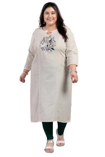 Image of DREAM & DZIRE Women's Cotton Kurti Beige in Colour Hand embrioderied for All Plus Size and Small Size