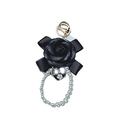 LIHWKD Mode nouveau porte-clés camélia arc, porte-clés mignon pour les femmes, porte-clés fleur rose, porte-clés perle camélia (black) Cover