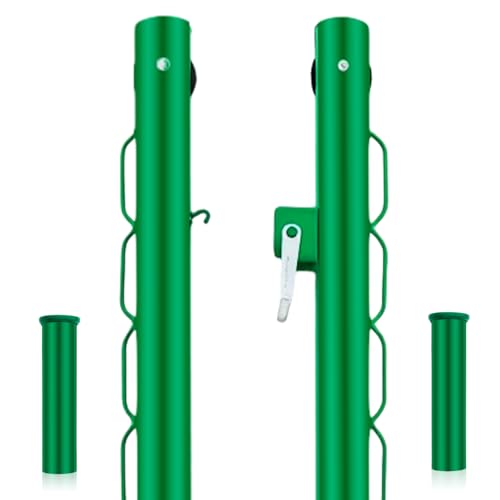 Otoolling Round Tennis Posts with Net Crank Outdoor Heavy Duty Professional Green Tennis Permanent Court Kit for Net Quick Fixation System Equipped with a Cable Reel