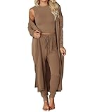 BTFBM 3 Piece Matching Sets Tank Tops Wide Long Pants Cardigan Lounge Sets For Women Sweatsuit Women Clothing Fall 2025(Khaki, Medium)