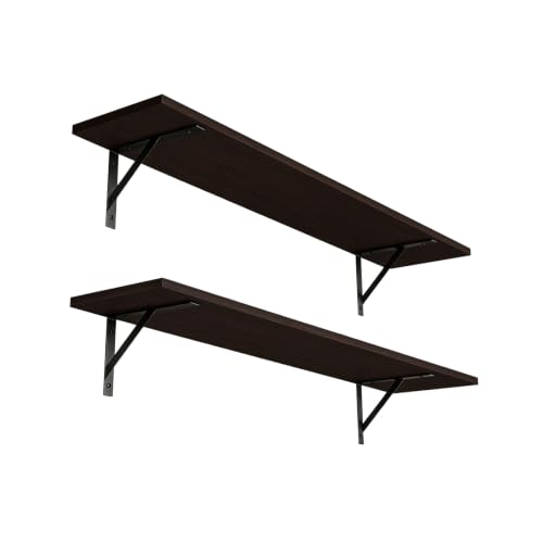 DINZI LVJ Long Wall Shelves, 31.5 Inch Wall Mounted Shelves Set of 2, Easy-to-Install, Wall Storage Ledges with Sturdy Metal Brackets for Living Room, Bathroom, Bedroom, Kitchen, Espresso