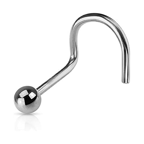 JEWEL BARREL Nose Screw Hooks 20G (0.8mm) Nostril Piercing Jewellery Thin Nasal Ring Surgical Steel Silver Gold Black Rose with Small Ball or Cone End (Silver - BALL) Cover