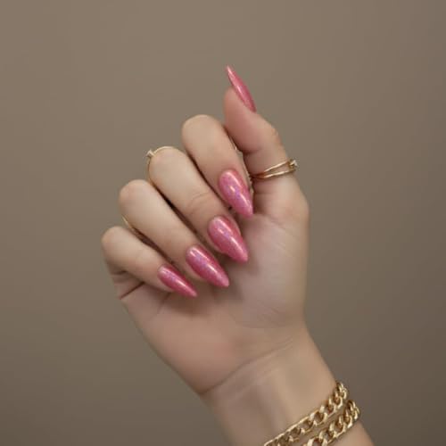 Image of 24 Pcs Reusable Press On Nails Fake Nails with Glue and Kit|Rose Pink Glitter Stiletto Press On Nails | Shimmer Metallic Pink Fake Nails | Long Almond Acrylic Look | Reusable Stick On Nails for Women|