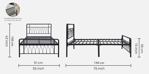 Image of Jexx Metal Extra Single Size Bed Without Storage | Wrought Iron Cot with Headboard & Footboard| Sturdy Powder Coated Platform Bed Extra Single Size Cot for Bedroom (Jexx Black)