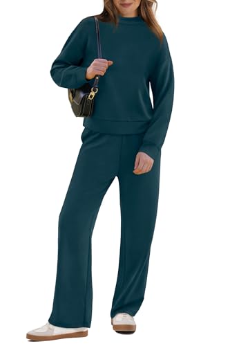 Image of WIHOLL Two Piece Sets for Women Fall Outfits Lounge Sets Mock Neck Tops Wide Leg Pants Vacation Travel Airport Outfits