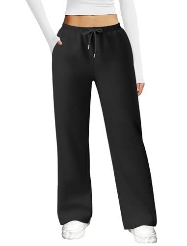 Friptspyg Jogginghose Damen Baggy mit Taschen Hosen Damen Fitness Freizeithose Weites Bein Sweatpants mit Elastische Gürtel Drawstring, Schwarz M