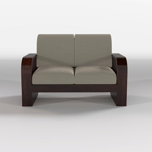 Image of Solid Sheesham Wooden 6 Seater Sofa Set Without Coffee Table with Light Taupe Cushion for Living Room Furniture - Walnut Finish (3+2+1)
