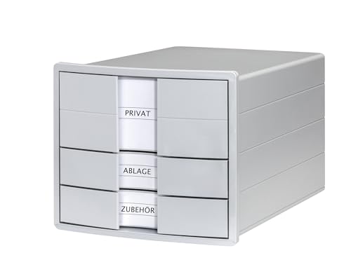HAN IMPULS 2.0 Drawer Box with 3 Closed Drawers for DIN A4/C4 Including Labelling Labels, Document Box, Base with Pull-Out Lock, Furniture Friendly Rubber Feet, 1017-11, Light Grey