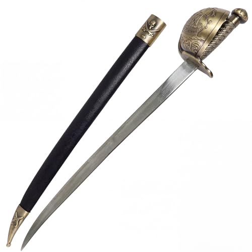 Kojintora Caribbean Pirate Cutlass Sword Replica - Adult Caribbean Pirate Cosplay Prop with Stainless Steel Cutlass Blade Basket Hilt Guard Scabbard for Costume & Display