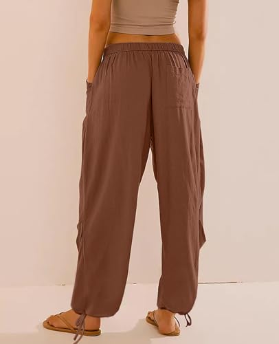 Image of Women's Linen Balloon Barrel Beach Pants Boho Harem Flowy Drawstring Casual Loose Pants with Pockets