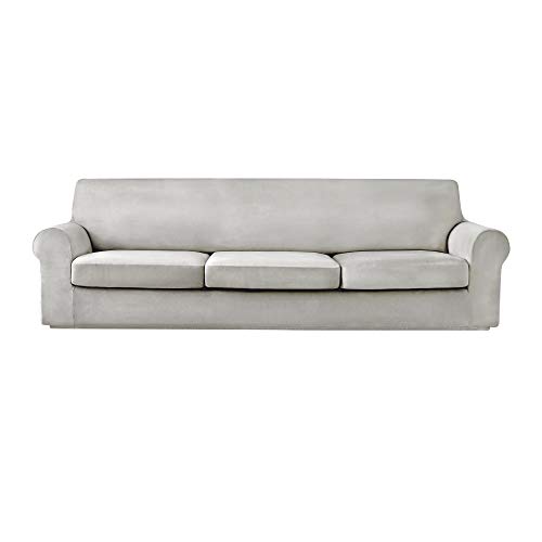 Maxmill MM-VS-LIGHT GREY-X LARGE 4 Piece Velvet Stretch Sofa Slipcovers Plush Velvet Extra Large Sofa Covers cover