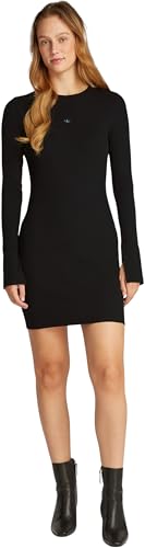 Calvin Klein Vestido Mujer Woven Label Rib Short Dress Manga Larga, Negro (CK Black), L