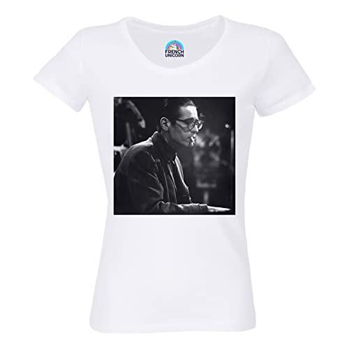 Photo de T-Shirt Femme Col Rond Coton Bio Bill Evans Pianiste Noir et Blanc Cigarette Concernt Jazz Piano