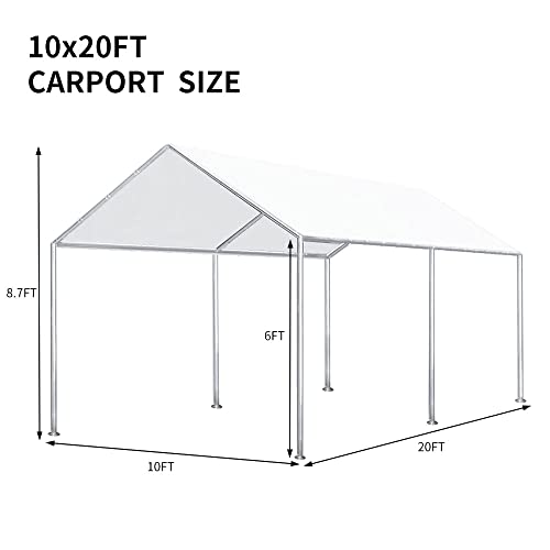Rutile 10'X20' Carport Replacement Canopy Cover For Tent Top Garage Shelter Cover With Ball Bungees White (Only Top Cover, Frame Is Not Included) #TOP5