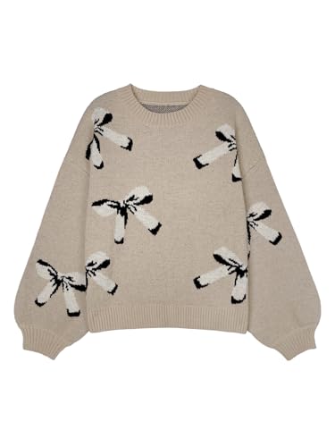 Image of Libsorge Womens Oversized Cute Bows Crewneck Cozy Pullover Sweater | Fall Winter Trendy Long Shoulder Balloon Sleeve Knit Baggy Printed Dressy Casual Valentines Day Vintage Sweaters