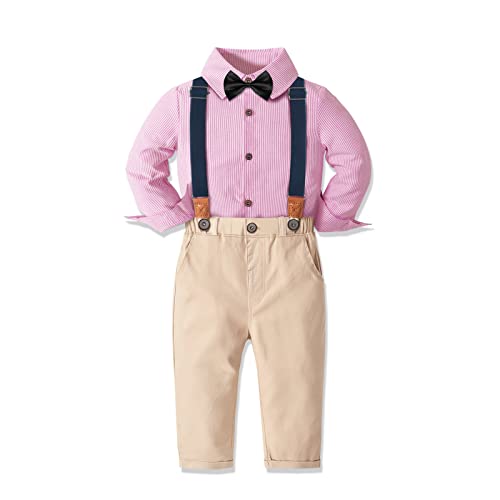 Image of Yilaku Toddler Baby Boy Clothes Gentleman Wedding Outfits, Formal Dress Shirt with Bowtie + Suspender 3 Monthes-4 Years