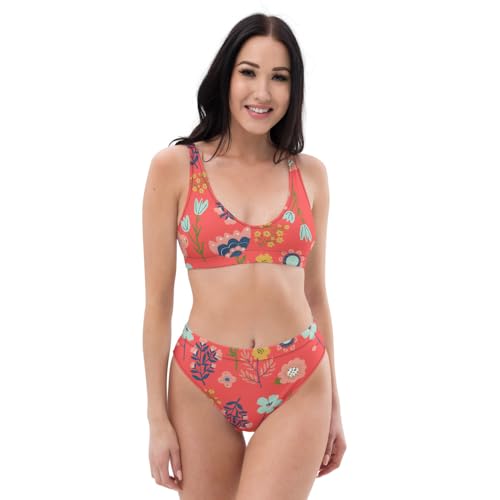 Coral Floral High-Waisted Bikini – Eco-Friendly Women’s Swimsuit Set – Retro Recycled Swimwear