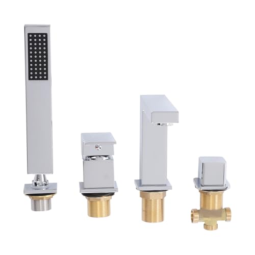 Robinet de bord de baignoire à 4 trous, avec douchette, bord de carrelage chromé, mitigeur monocommande avec douchette, robinet de salle de bain froid et...