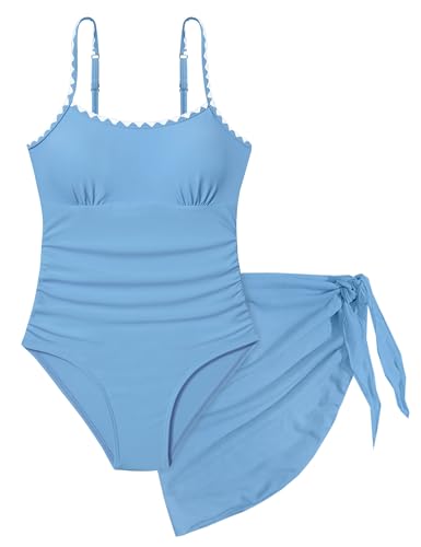 Image of Girls Swimsuit Adjustable Straps Cut Out One Piece Bathing Suit with Solid Color Cover Up Skirt Girls' Swimwear 5-16Y