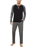 GAESHOW Mens Pajamas Set, Male Cotton Sleepwear Long Sleeve Shirt and Pant Set, O-Neck Winter Thermal Loungewear Pjs Grey Black