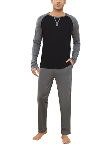 GAESHOW Mens Pajamas Set, Male Cotton Sleepwear Long Sleeve Shirt and Pant Set, O-Neck Winter Thermal Loungewear Pjs Grey Black