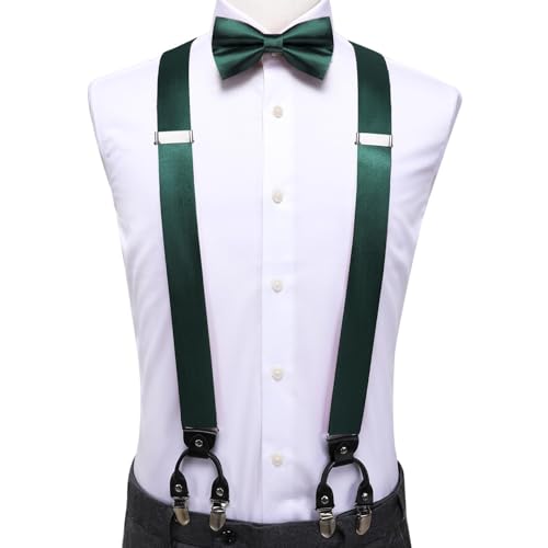 Image of Hi-Tie Men Suspender Bowtie Set Suspenders Pre-tied Bow Tie Pocket Square Cufflinks Adjustable Y Shape 6 Clips Braces Tuxedo