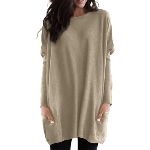 Longpullover für Damen Langarmshirt Lang Oversized Rundhalsausschnitt T-Shirts Sweashirt Tunika Damen Pulli Long-Shirt Kleid mit Taschen