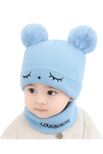 Image of F Y V Baby Kids Winter Beanie Cap with Warm Knitted Woollen Fur Lined Hat for Boys and Girls Age 1 to 6 Years Soft Stretchable Winter Cap Ear Cover Sky Blue Color