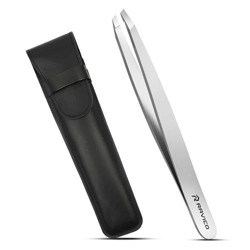 RAVICO Professional Tweezers for Eyebrow with Precious Travel Case - Slanted Tweezers for Women & Men Stainless Steel Sharp Tip Tweezer for Ingrown Hair Removal & Pluking (Silver)