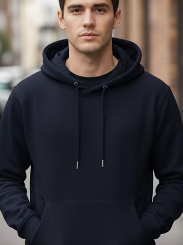 Image of Men's Solid Hoodie | 100% Cotton Fleece Warm Sweatshirt with Kangaroo Pocket & Adjustable Hood | Regular Fit Winter Wear for Men