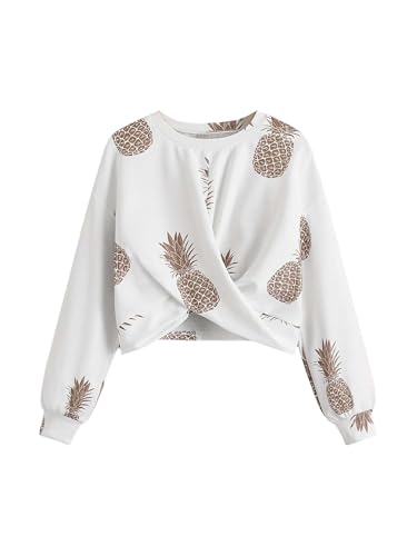 Floerns Girl's Pineapple Graphic Twist Crop Pullover Drop Shoulder Crewneck Sweatshirt