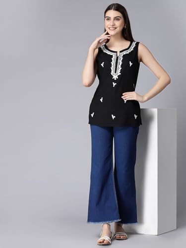 Image of QAZMI Women's Laiba Kashmiri Embriodered Sleeveless Short Kurti