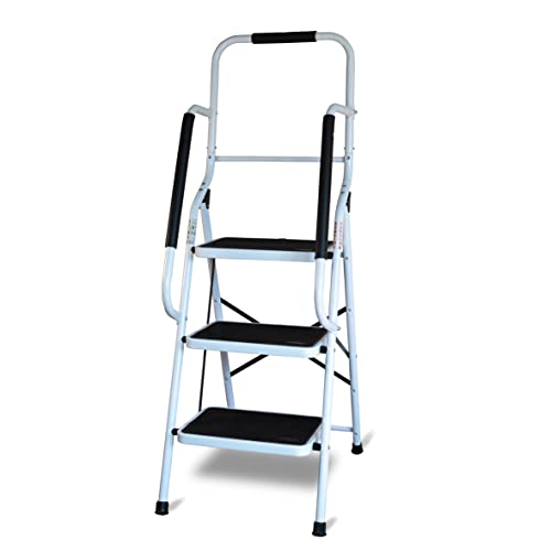Taburete con pasamanos de 3 escalones, Escalera Antideslizante, portátil, Duradero y Resistente, Pedal Ancho Multiusos para el hogar y la Oficina