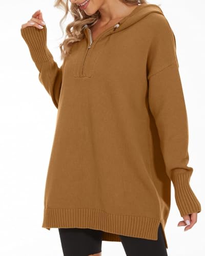 Image of Women's Hooded Sweater Loose Half Zip Drawstring Pullover Sweatshirt Top Casual Long Sleeve Side Slit Knit Hoodie