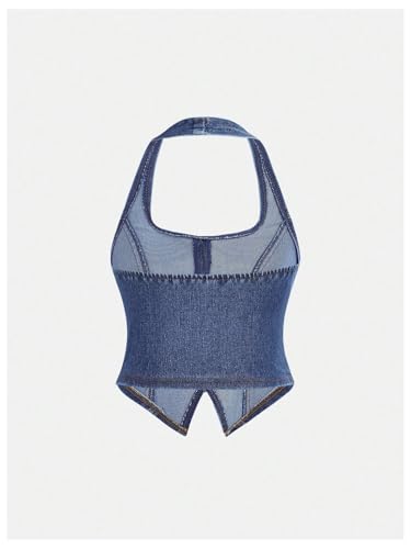 Verdusa Girl's Y2K Bow Denim Halter Top Backless Sleeveless Asymmetrical Crop Tops2