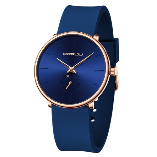 CRRJU Men’s Casual Stylish Waterproof Quartz Wristwatches, Ultra Thin Second Hand Watches for Men, Colorful Silicone Band blue rose