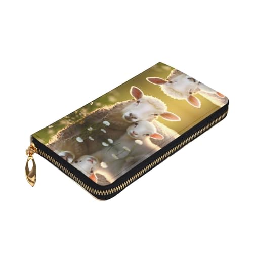 Leather Wallet 7.48 x 4.13 in - Stylish and Durable Wallet for Women with Multiple Compartments and Zipper Design cute sheep with mother Pattern3