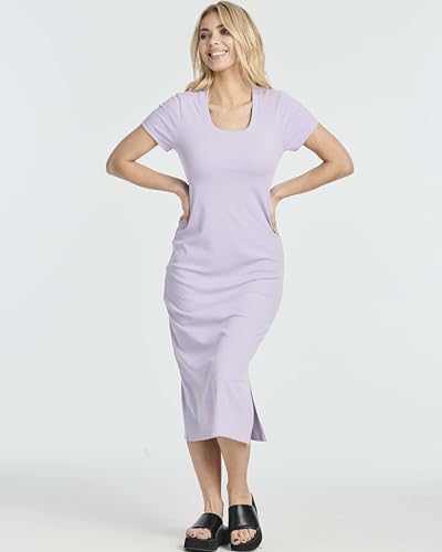 Image of Real Essentials 3 Pack: Women's Ribbed Jersey Crew Neck Short Sleeve Midi Length Dress with Side Slit