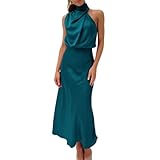 Festliches Abendkleid Damen Lang Satin Kleid Neckholder Kleid Party Damenkleider Sommer Elegant Hängerkleid Ärmellos Freizeitkleid ohne Ärmel Cocktailkleid Hochzeitsgast Dresses for Women
