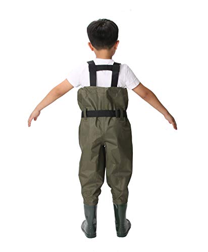 Ouzong Chest Waders for Kids, Lightweight Cleated Nylon and PVC Fishing Bootfoot Chest Waders for Boy and Girl, Army Green Waterproof Chest Waders for Children