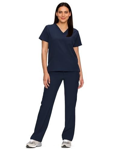 floralhue Scrubs for Women Set, Medical Women Scrubs, V-Neck Top and Straight Leg Pants with 11 Pockets (Relaxed Fit), Navy Blue, M