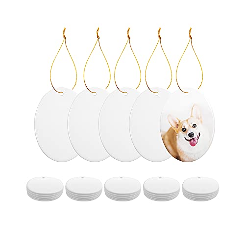 PYD Life Sublimation Ceramic Oval Ornament Bulk Blank Ornament with Gold String for Crafting DIY Personalized Christmas Home Decor Bulk (3 Inch Oval
