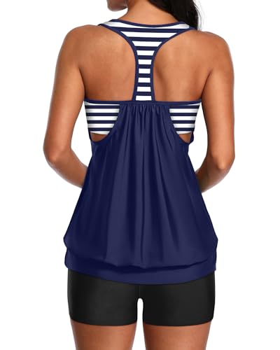 Image of Yonique Two Piece Tankini Bathing Suits T-Back Blouson Swim Tops with Boy Shorts Women Swimsuits Sporty Swimwear
