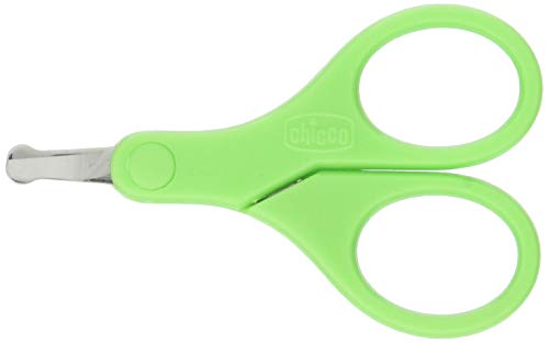 Chicco Ciseaux à ongles pour bébés et enfants, en acier inoxydable avec lames incurvées et bouts arrondis, capuchon de protection, poignée en caoutchouc antidérapante, Pour bébés 0+ mois, Vert