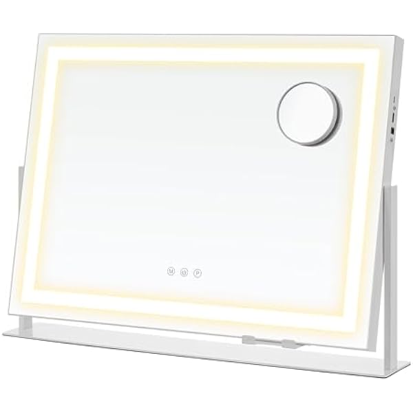 SONGMICS Lusterko kosmetyczne z oświetleniem, 58 x 43 cm, lusterko kosmetyczne z 15 żarówkami LED, z portami ładowania, sterowanie dotykowe, 3 kolory światła, możliwość ściemniania, uchwyt na telefon