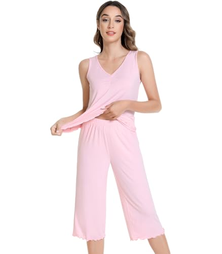 Image of NACHILA Women's Pajamas-Viscose made from Bamboo, V Neck Pjs Top with Capri Pants Pajama Set Sleeveless Sleepwear