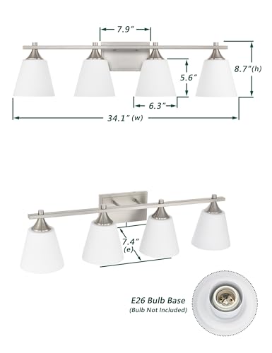 Image of Bathroom Vanity Light Fixtures, American Traditional Brushed Nickel 4 Lights Vanity Lighting Fixture with Opal Glass Shade, Porch Wall Mount Light Fixture for Bathroom, Mirror Cabinets Hallway Stairs