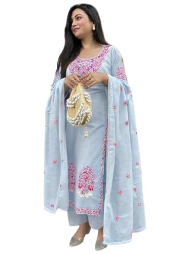 Image of GoSriKi Kurta Sets for Women Viscose Embroidered | Kurta Pant Dupatta Set | Straight Kurti Set for Women | Round Neck 3 /4 Sleeve Ethnic Suit | Designer Indian Kurti Outfit with Pants
