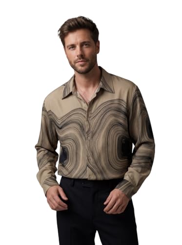 Image of GRECIILOOKS Men's Poly Blend Regular Fit Shirt | Abstract Wave Printed Shirts for Men | Trendy Button Down Stylish Shirt for Man | Casual Summer Outfit